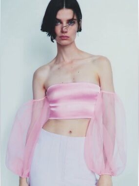 ZARA Sheer Off-Shoulder Satin Crop Top in Light Pink